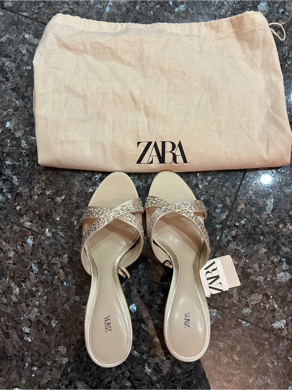 Zara Beige Crystal-Embellished Slide Heels Sz 8